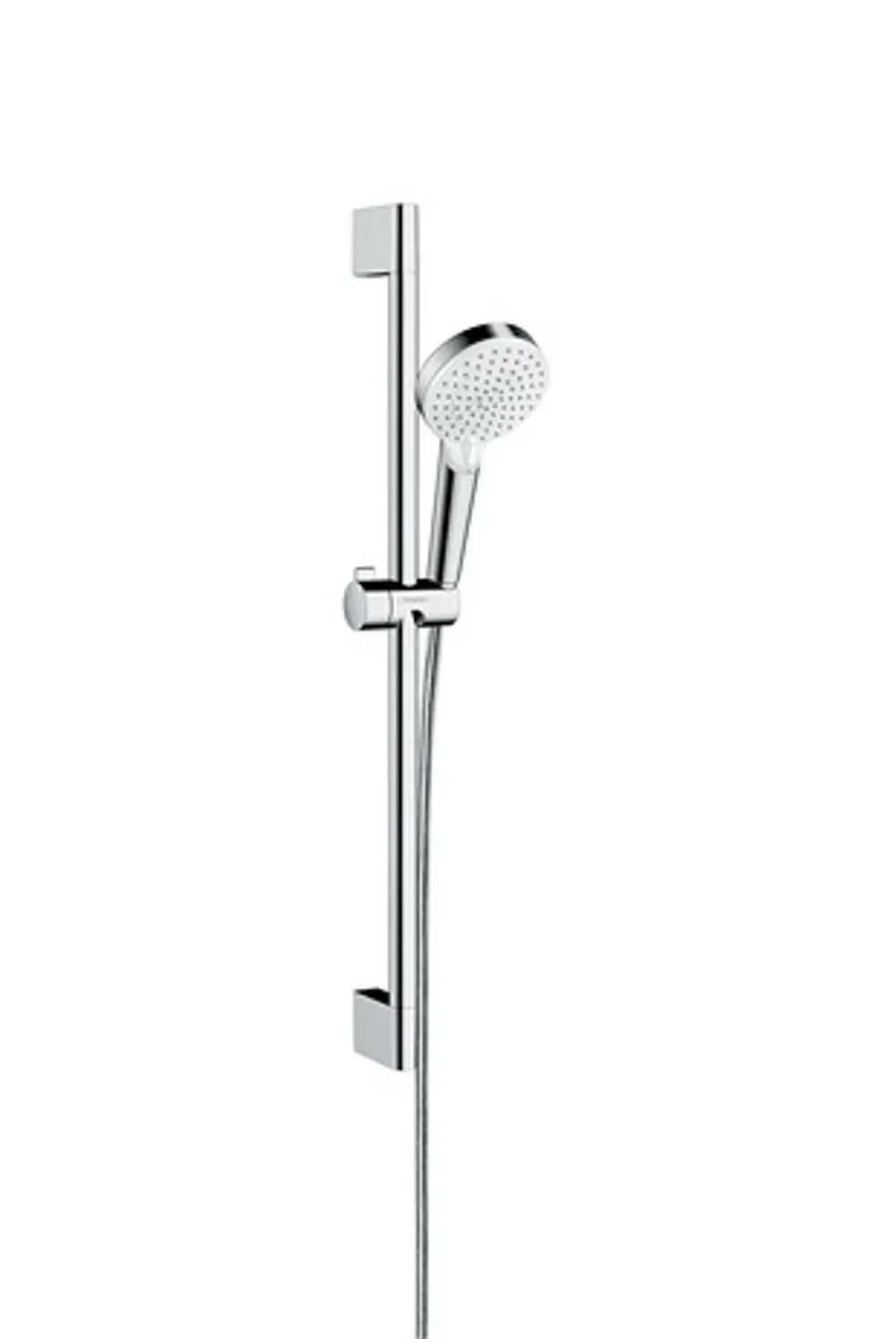 Hansgrohe Brauseset mit Handbrause und verstellbarer Brausestange in schlichtem Design. Die Anschlüsse und der Schlauch sind in einem modernen Chrom-Finish gehalten.
